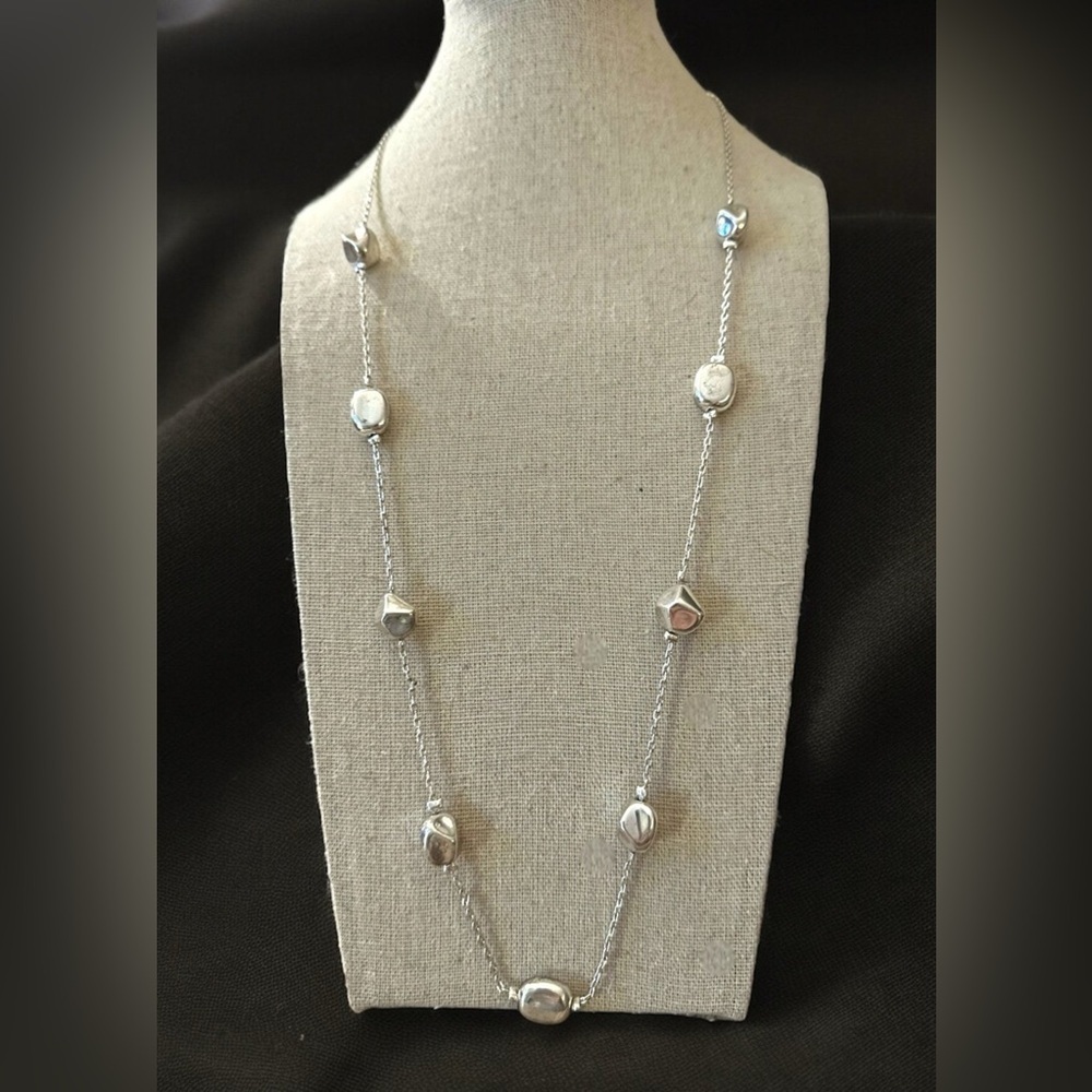VTG Avon 27" bar link silver tone chain beaded necklace stackable costume long